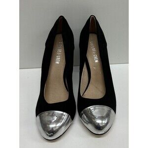 Chelsea Crew style Cappy metallic silver cap toe black suede pumps size 9
